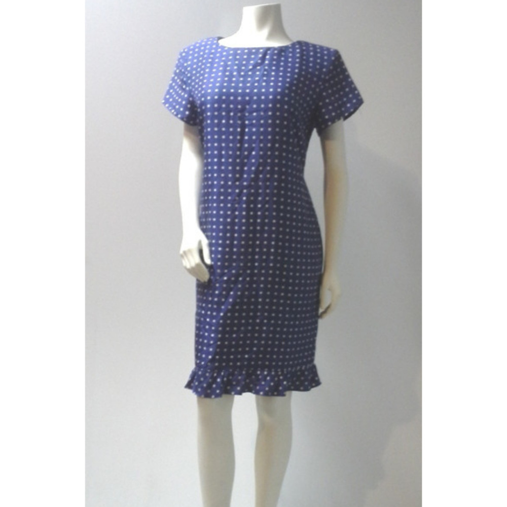 Blue and White Polka Dot Silk Dress, Ruffle Hem